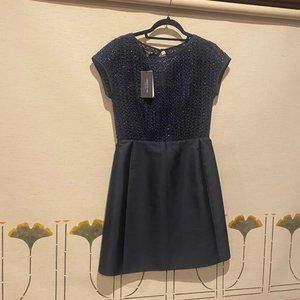 NWT Lafayette 148 New York Ink Blue Silk Blend Metallic Keyhole Dress Size 2